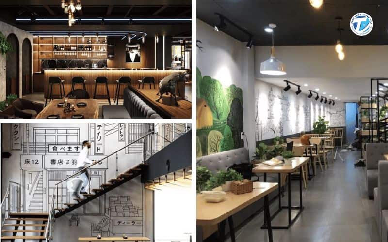 Hình ảnh các mẫu decal dán tường khổ lớn ở các vị trí trong quán cafe