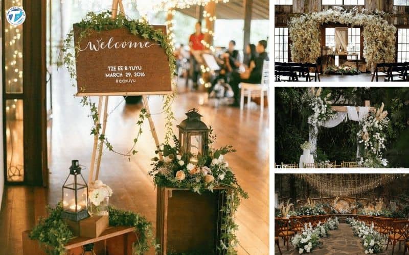 Hình ảnh cách trang trí backdrop đám cưới phong cách Rustic bằng gỗ thông và dây đèn vintage