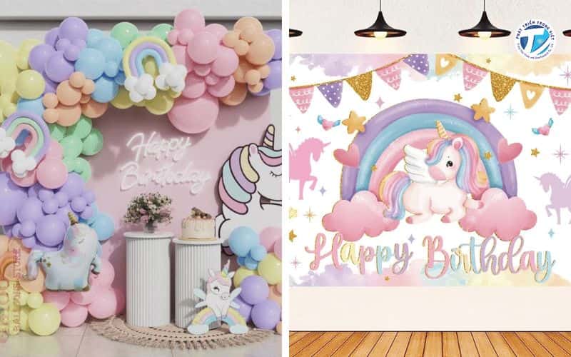 Hình ảnh phông sinh nhật đẹp cho bé gái unicorn hồng pastel